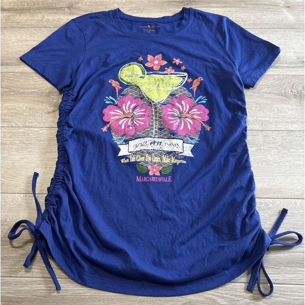 GIII Margaritaville Purple Graphic Rhinestone Accent Ruched Side Tie Long Top S